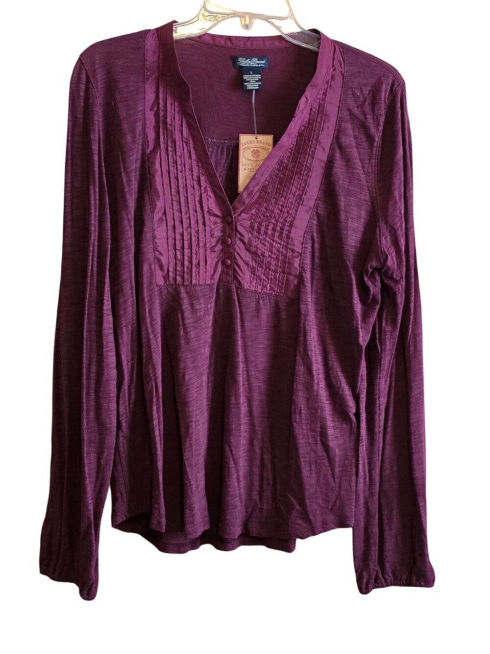 Lucky Brand Plum Knit Long Sleeve Shirt Pintucks Buttons vintage cottagecore